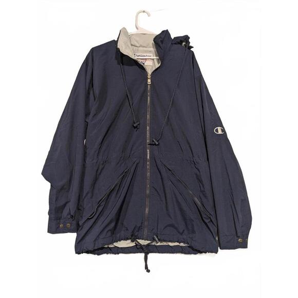 Champion Navy Blue Lightweight Windbreaker Jacket Nylon Mens Medium Rolled Hood - Picture 1 of 12